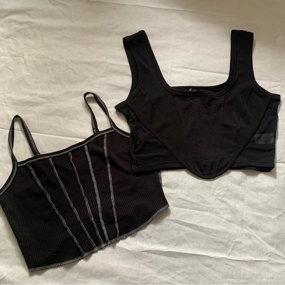 mixed threads Tops - Black goth faux corset style contrast stitching crop tops